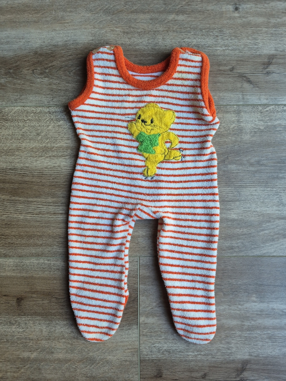 Vintage Baby Romper Terry Cloth Striped Orange White Footed Yellow Cat